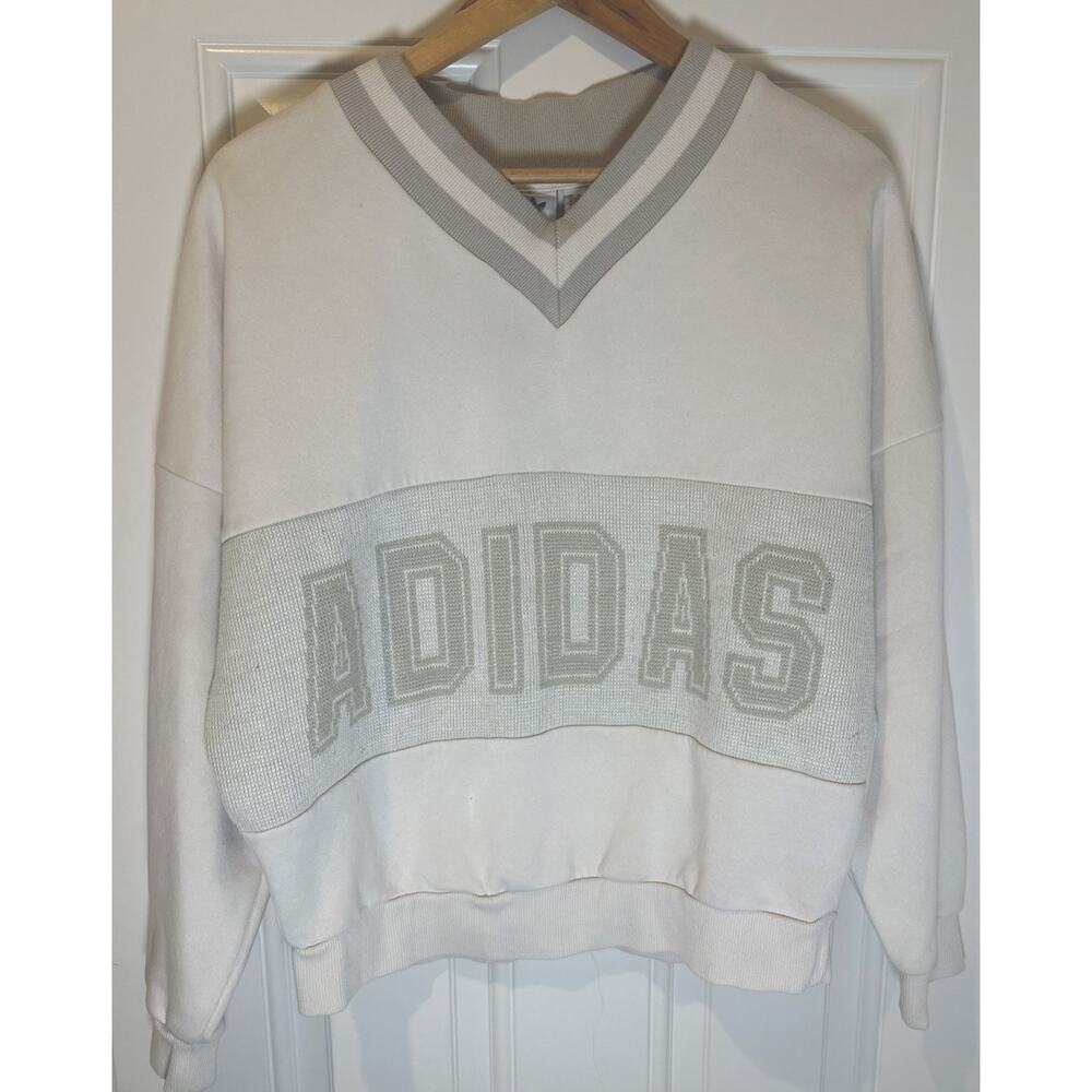 Adidas Originals Spellout Logo‎ Varsity Pullover Sweatshirt Ivory XS V-neck